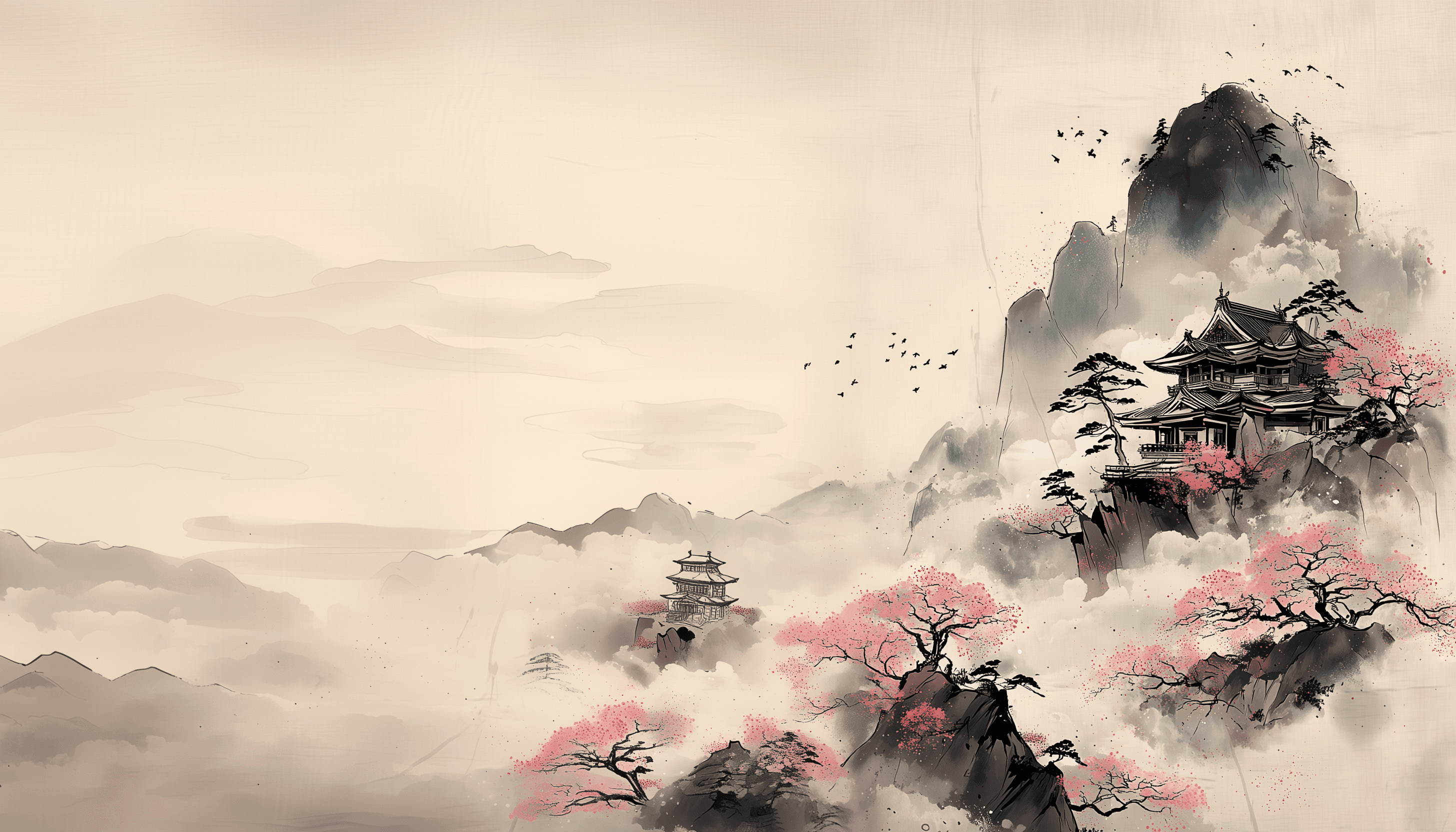 Sumi-e ink painting: a temple on a misty mountain ridge among cherry blossoms